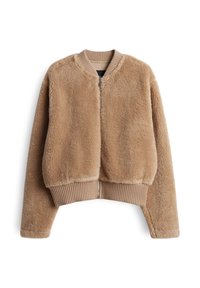 Veste polaire courte beige à manches longues, col, poignets et taille côtelés, fermeture éclair frontale.