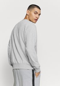 Felpa grigia con colletto rotondo, polsini e orlo a costine. Modello mostrato di spalle, indossa pantaloni jogger grigi abbinati con tasche laterali.