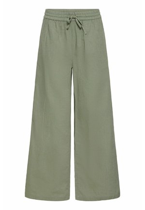 Wijd-uitlopende broek in een zachte groene kleur, met een elastische tailleband en een trekkoord. Gemaakt van lichte, gestructureerde stof.