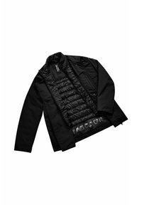 Giacca nera con chiusura lampo frontale, imbottitura interna trapuntata e logo sull'orlo. Il materiale sembra liscio, offrendo un design elegante.