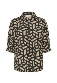 Beige Bluse mit Kragen aus Stoff, der ein schwarzes geometrisches Würfelmuster zeigt, mit kurzen Ärmeln und umgeschlagenen Manschetten sowie einer Knopfleiste vorne.