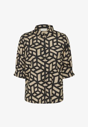 Blusa con colletto in tessuto beige caratterizzata da un motivo a cubi geometrici neri, maniche corte con risvolti e chiusura frontale a bottoni.