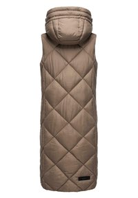 Gilet beige matelassé avec une capuche haute et rembourrée. Présente une coupe longue et droite ainsi qu'un tissu texturé. Marquage discret en bas à gauche.