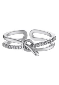 Anello in argento con bande intrecciate, una lucida e l'altra impreziosita da cristalli brillanti, creando un design a nodo. Taglia regolabile.