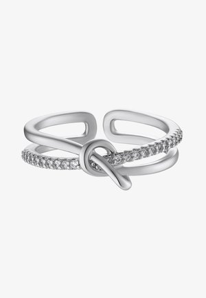 Bague en argent mettant en avant des bandes entrelacées, l'une polie et l'autre ornée de cristaux scintillants, créant un design en forme de nœud. Taille ajustable.
