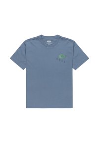 Blue cotton t-shirt features a front green eye graphic and the brand name "RVCA" in dark print. Short sleeves with a standard fit.