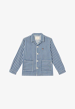 Button-up shirt in blue and white vertical stripes. Features a notch collar, long sleeves, and two patch pockets. Embroidered logo detail.