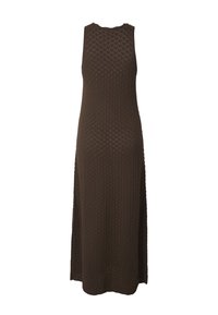 Robe midi sans manches en maille marron foncé avec motif texturé et col rond.