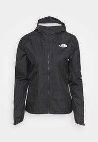 Veste imperméable légère noire avec capuche, fermeture éclair intégrale à l'avant et logo blanc The North Face sur la poitrine.