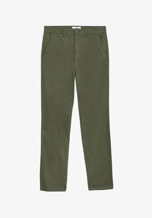 Olive green trousers made from cotton blend fabric, featuring two front pockets and a single button closure. Smooth texture and straight cut.