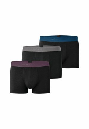 Three pairs of black men's boxer briefs with colored waistbands in purple, gray, and blue, arranged overlapping on a white background.