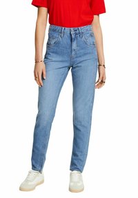 Helleblaue, hochtaillierte Jeans aus Denim mit fünf Taschen, einem geraden Bein Design und dezenten Used-Effekten an der Vorderseite.