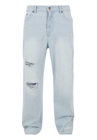 Light blue denim jeans with a relaxed fit, featuring two distressed rips on the front and a classic button and zip closure.