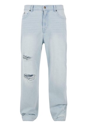 Light blue denim jeans with a relaxed fit, featuring two distressed rips on the front and a classic button and zip closure.