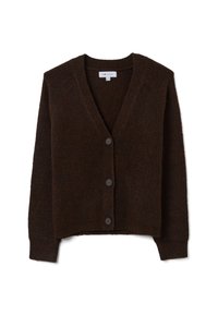 Cardigan marrón con canalé, hecho de un material suave, con escote en V, cierre de botones y mangas largas. Presenta cuatro botones oscuros en la parte delantera.