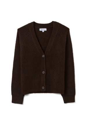 Cardigan marrón con canalé, hecho de un material suave, con escote en V, cierre de botones y mangas largas. Presenta cuatro botones oscuros en la parte delantera.