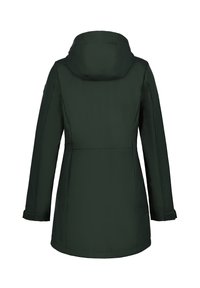 Ciemnozielony płaszcz z kapturem o prostym kroju, miękkiej teksturze i minimalistycznym designie. Cechy to zaokrąglony kaptur i regulowane mankiety.