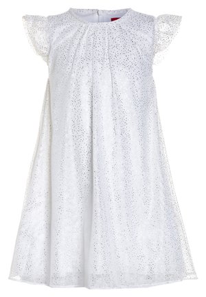 Biała, bezrękawnikowa sukienka z gromadzonym dekoltem, falbankowymi rękawami i srebrnymi błyszczącymi akcentami na całej tkaninie, z zapięciem na zamek z tyłu.