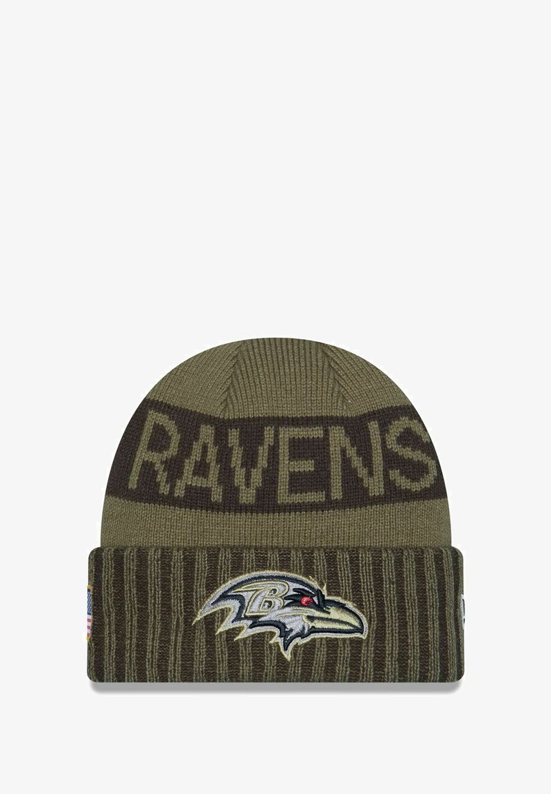 Olive green knitted beanie featuring the word "RAVENS" in dark brown, with a ribbed cuff and an embroidered logo of a raven's head.
