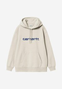 Sudadera beige con bolsillo frontal, capucha con cordón y logo "carhartt." en color azul marino. Fabricada en material de algodón suave. Diseño simple y relajado.