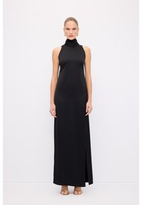 Sort ærmeløs maxi kjole med en falsk turtleneck, fremstillet af glat stof, med en sideslids og en lige silhuet.