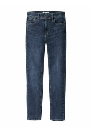 Mørkeblå slim fit denimjeans med forlommer og bæltestropper, vist fladt på en hvid baggrund.