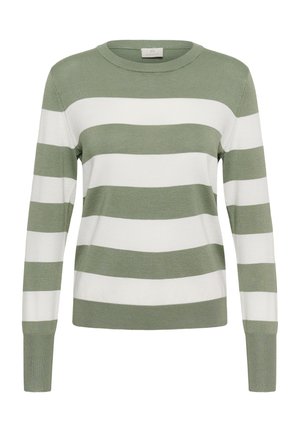 Pulover cu mâneci lungi, cu dungi orizontale late în verde măsliniu și alb, având un decolteu rotund și manșete striate.