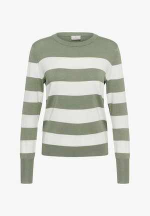 Pulover cu mâneci lungi, cu dungi orizontale late în verde măsliniu și alb, având un decolteu rotund și manșete striate.