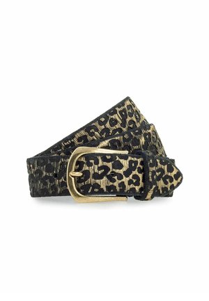 Ceinture en imprimé léopard noir et or avec une finition texturée et une boucle en métal doré ; présente un design classique avec des trous visibles pour le réglage.