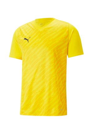 Gelbes Sporttrikot mit kurzen Ärmeln, V-Ausschnitt, mit diagonalen Streifen und einem schwarzen Puma-Logo auf der Brust.