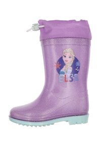 Botte violette imperméable avec une finition pailletée, présentant un graphisme de personnage et le texte "ELSA." Matériau en caoutchouc et semelle texturée pour une meilleure adhérence.