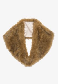 Pruun faux karusnahast kaelus pehme tekstuuriga, avatud esiküljega ja sujuva sisemuse voodriga mugavuseks. Servad on veidi kulunud.