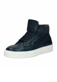 Sneaker alta in pelle blu navy con collo imbottito, suola in gomma bianca e lacci neri. Presenta dettagli sui pannelli laterali e accenti testurizzati.