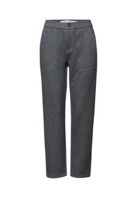 Pantalones grises de corte recto, con dos bolsillos delanteros, cierre con botón y un patrón sutil texturizado en la tela.