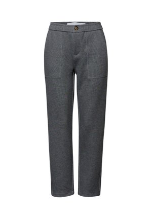 Grijze broek met een rechte snit, twee steekzakken aan de voorkant, een knoopsluiting en een subtiel getextureerd patroon in de stof.