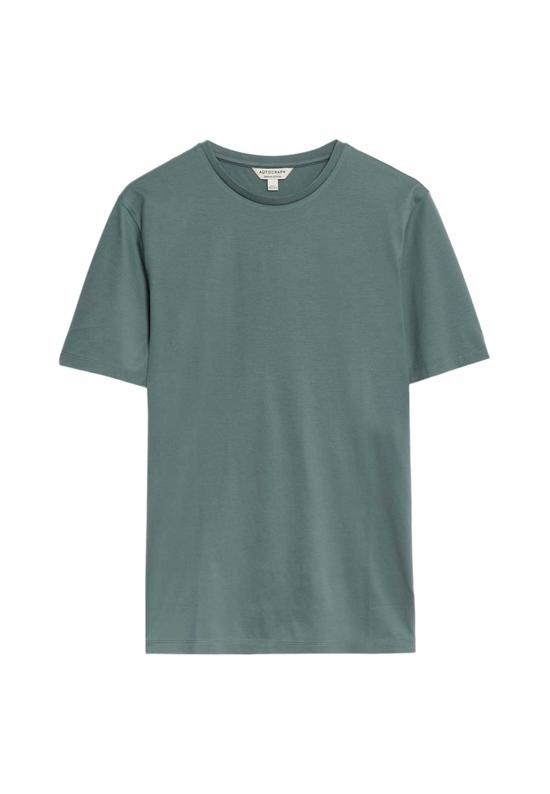 Teal tričko s krátkým rukávem vyrobené z měkké bavlny. Má kulatý výstřih a jednoduchý design bez vzorů nebo akcentů. Standardní střih.