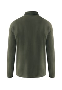 Donkergroen poloshirt met lange mouwen, zachte stof, kraag met ribbelstructuur, eenvoudig ontwerp en rechte zoomlijn. Geen zichtbare logo's of patronen.