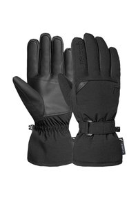 Schwarze Handschuhe aus einer Kombination von Leder und weichem Stoff. Zu den Merkmalen gehören ein gerafftes Handgelenkdesign und ein verstellbarer Riemen für einen sicheren Sitz.