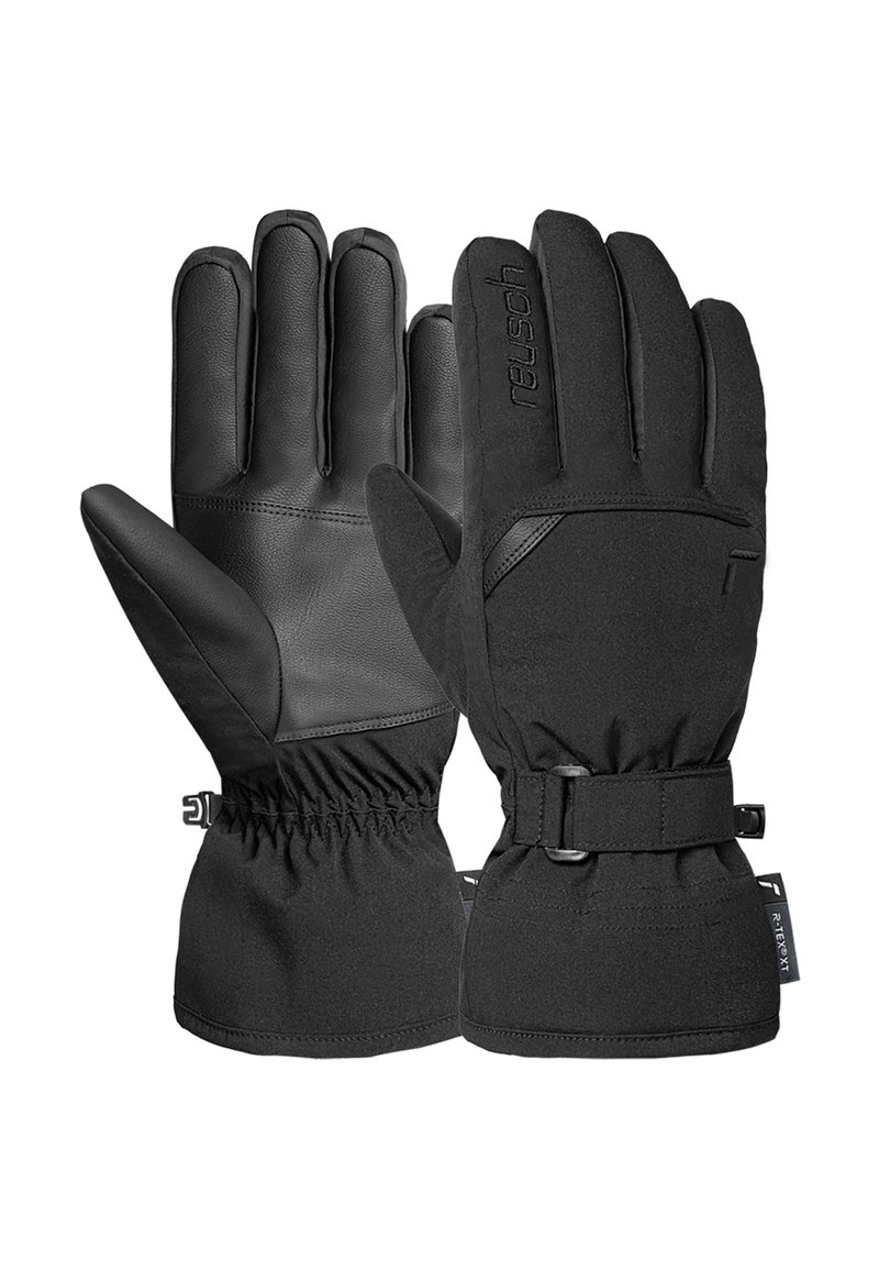 Schwarze Handschuhe aus einer Kombination von Leder und weichem Stoff. Zu den Merkmalen gehören ein gerafftes Handgelenkdesign und ein verstellbarer Riemen für einen sicheren Sitz.