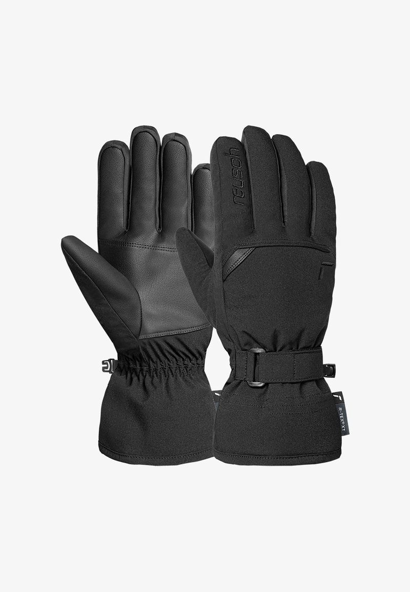Schwarze Handschuhe aus einer Kombination von Leder und weichem Stoff. Zu den Merkmalen gehören ein gerafftes Handgelenkdesign und ein verstellbarer Riemen für einen sicheren Sitz.