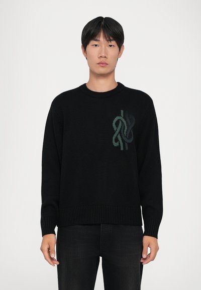 Joven con cabello corto y negro que lleva un suéter negro con un diseño abstracto de nudos verdes en el pecho y pantalones oscuros.