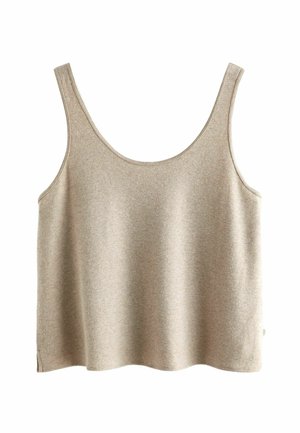 Canotta beige realizzata in un morbido e stretchy tessuto. Presenta spalline larghe, un colletto arrotondato e una vestibilità rilassata, leggermente svasata.
