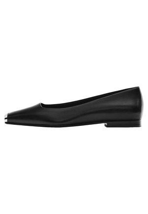 Black leather ballet flat with a pointed toe and a low heel. Features a shiny silver accent at the toe. Smooth texture and sleek design.