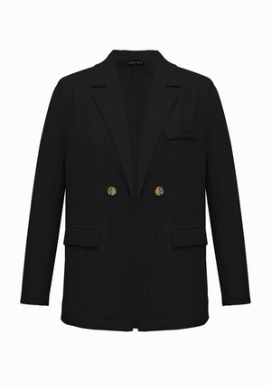 Blazer noir en tissu texturé, présentant un design croisé, des accents de boutons dorés et deux poches avant avec un col cranté.