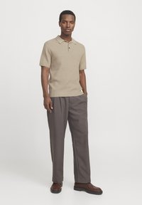Camisa polo de punto beige con mangas cortas, tapeta de tres botones, combinada con pantalones de pierna ancha grises y zapatos marrones con cordones.