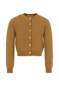 Cardigan lavorato a maglia di colore senape, caratterizzato da un motivo testurizzato, collo rotondo e chiusura frontale con bottoni chiari.