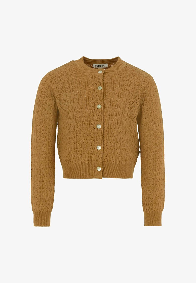 Cardigan lavorato a maglia di colore senape, caratterizzato da un motivo testurizzato, collo rotondo e chiusura frontale con bottoni chiari.