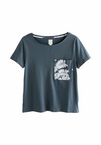 Kortærmet t-shirt i mørkeblå bomuld, med en blomster-mønstret lomme i hvid, rund hals og en afslappet pasform.