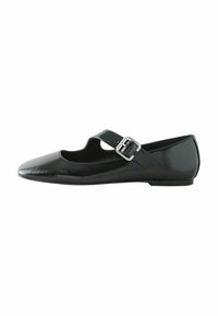 Black leather Mary Jane flats with a glossy finish, pointed toe, and an adjustable strap featuring a silver buckle for closure.