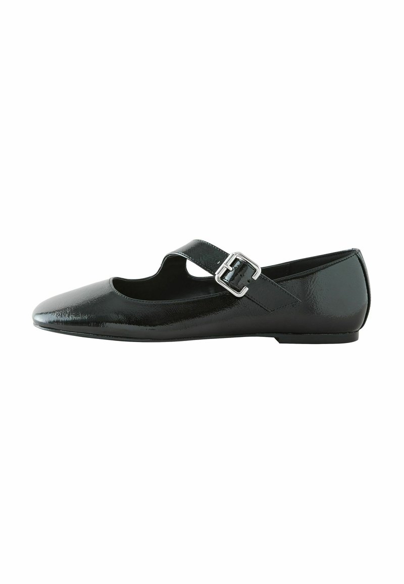 Black leather Mary Jane flats with a glossy finish, pointed toe, and an adjustable strap featuring a silver buckle for closure.